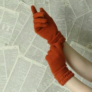 Orange Lacey-Cuffed Knit Autumn Gloves Wool Blend